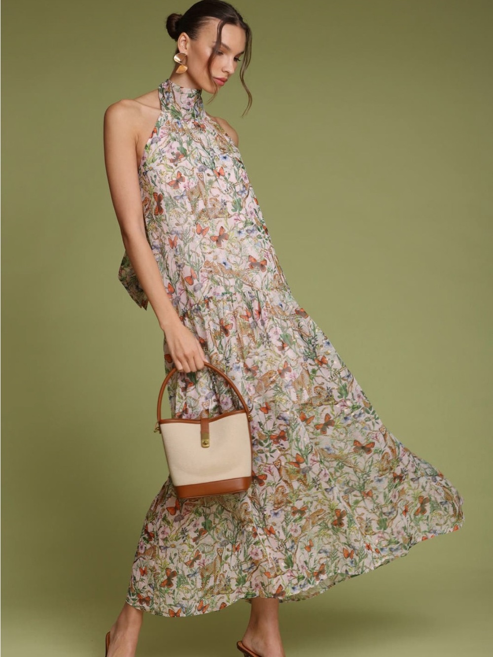 Avec Les Filles Cream Floral Halter Maxi Dress with Multicolor Botanicals